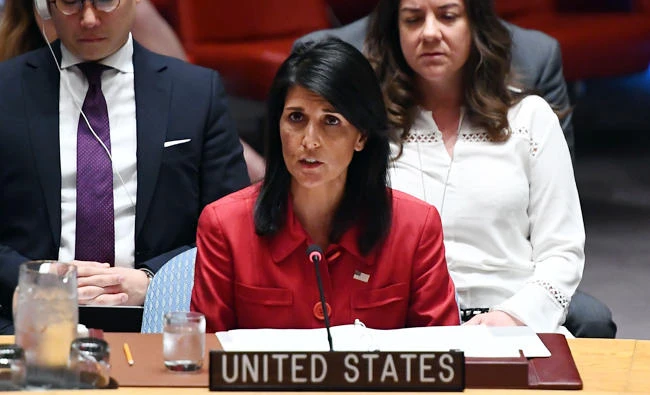 US Ambassador to the UN Nikki Haley speaks during a Security Council meeting on North Korea at the UN headquarters in New York on Wednesday. (AFP)