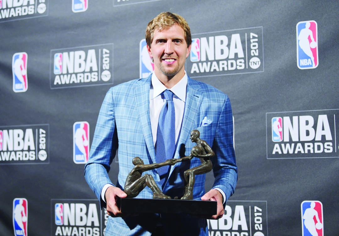 Twyman-Stokes Teammate of the Year Award winner, Dirk Nowitzki, at the 2017 NBA Awards at Basketball City at Pier 36 in New York, last month. (AP)