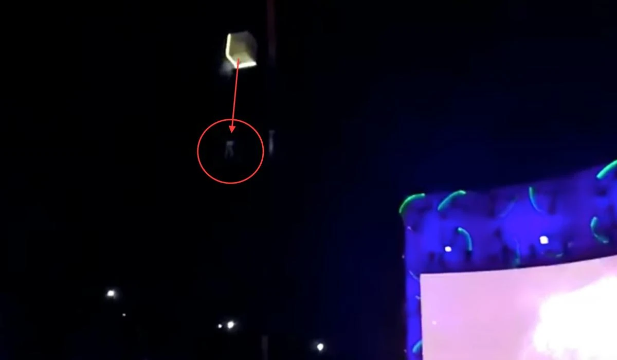 This screen grab captures the moment the acrobat plummeted to his death as rock music fans watched on in horror (YouTube)