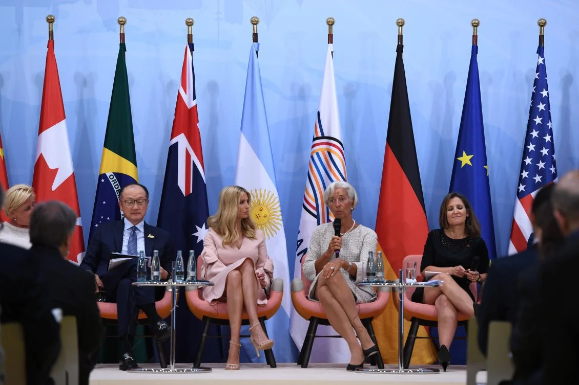 The daughter of the US President, Ivanka Trump (C-L), looks on as the Managing Director of the International Monetary Fund (IMF) Christine Lagarde (C-R) speaks during the panel discussion “Launch Event Women’s Entrepreneur Finance Initiative” on the second day of the G20 Summit in Hamburg, Germany, July 8, 2017. Leaders of the world’s top economies gather from July 7 to 8, 2017 in Germany for likely the stormiest G20 summit in years, with disagreements ranging from wars to climate change and global trade. (AFP)