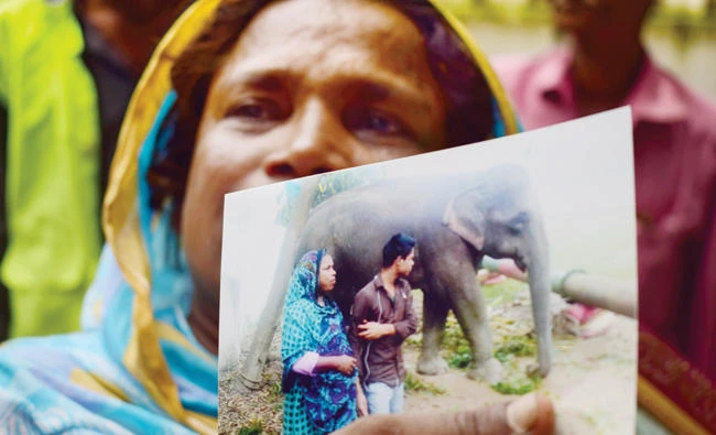 Masuda Begum, mother of Jakir Hossain Shawon, a worker of Holey Artisan Bakery cafe who died in hospital days after the seige at the cafe, shows the last photo of her with Jakir on the first anniversary of the cafe attack in this July 1 photo. (AFP)