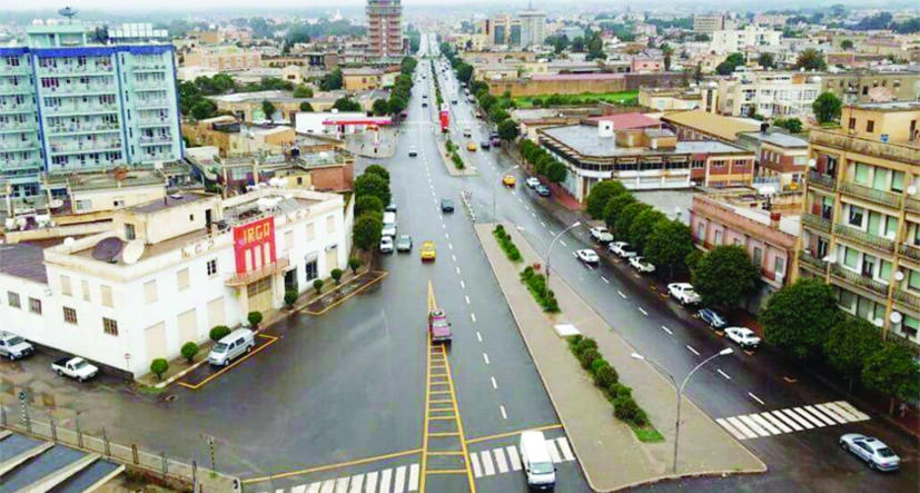 The famous Nakfa House round-about on Sematat Avenue in Asmara capital city of Eritrea.