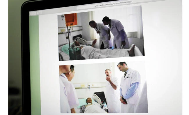 A screen grab of the website of the First Hospital of China Medical University in Shenyang, northern China, shows foreign doctors meeting with China’s Nobel Peace Prize laureate Liu Xiaobo at the hospital. (AP)