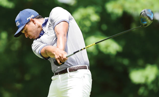 Sebastian Munoz of Colombia tees off at the sixth hole during round three of The Greenbrier Classic held at the Old White TPC on Saturday in White Sulphur Springs, West Virginia. (AFP)