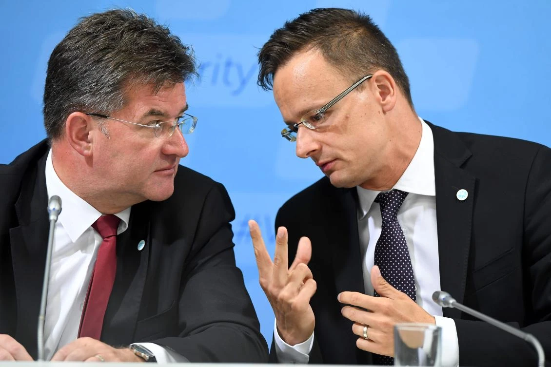 Slovakia’s Foreign Minister Miroslav Lajcak with Hungary’s Foreign Minister Peter Szijjarto during a press conference in Budapest. (AFP)