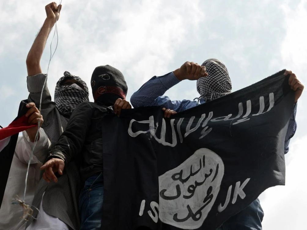Demonstrators hold up Daesh flag. (AFP)