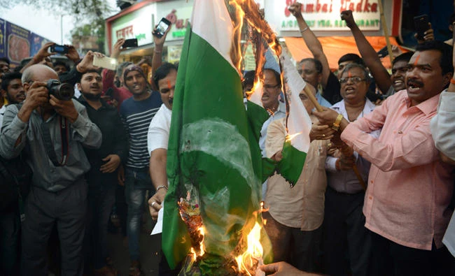 Indian activists from the right-wing Bajrang Dal organisation shout anti-Pakistan slogans during a protest to condemn an attack on pilgrims during the annual Amarnath Yatra in Mumbai on Tuesday. (AFP)