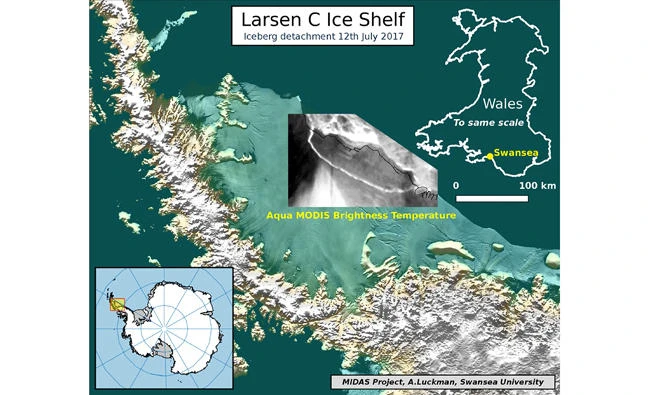 An illustration provided on Wednesday by Swansea University in Wales, UK, shows an iceberg detachment from the Larsen C Ice Shelf. (AFP)