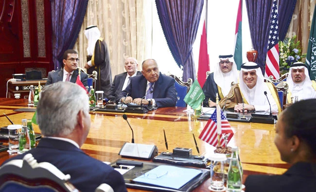 US Secretary of State Rex Tillerson, left, attends a meeting with the foreign ministers of Bahrain, Egypt, Saudi Arabia and the UAE in Jeddah on Wednesday. (AP)