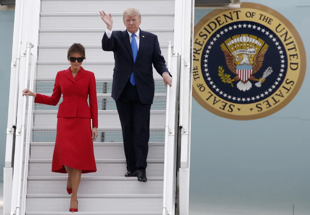 U.S President Donald Trump and First Lady Melania arrive at Orly airport, south of Paris, Thursday July 13, 2017. President Trump will later meet with French President Emmanuel Macron. (AP)