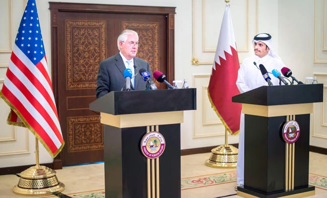 US Secretary of State Rex Tillerson and Qatar’s Foreign Minister Sheikh Mohammed bin Abdulrahman Al-Thani address a press conference in Doha on July 11. (AP)