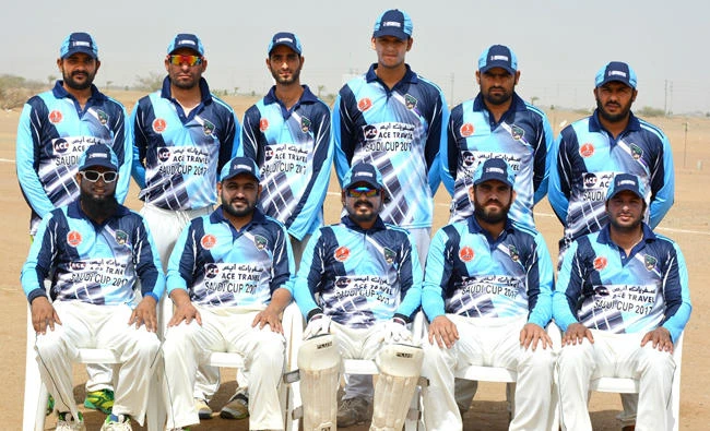 Saudi German Hospital cricket team in a group photo.