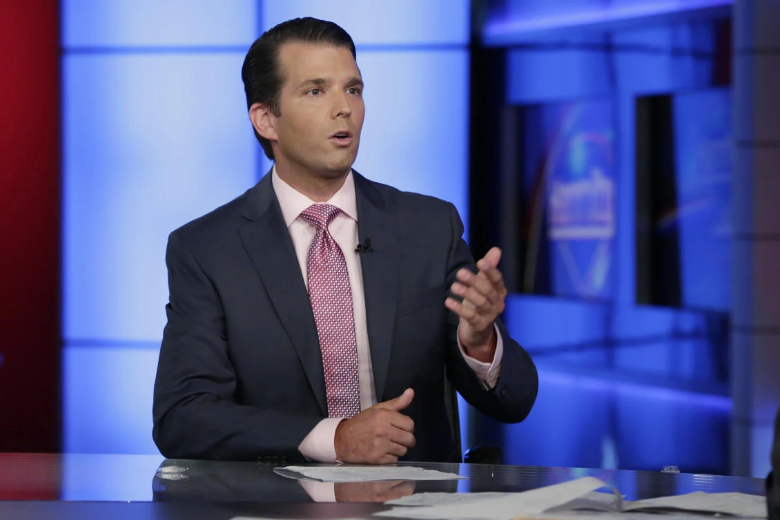 Donald Trump Jr. is being interviewed by host Sean Hannity on his Fox News Channel television program, in New York Tuesday. (AP)