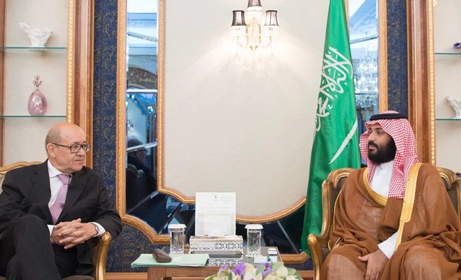 Crown Prince Mohammed bin Salman with French Foreign Minister Jean-Yves Le Drian in Jeddah. (SPA)