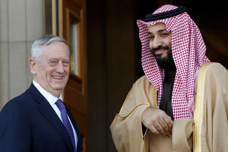 U.S. Defense Secretary James Mattis (L) welcomes Saudi Arabia's Deputy Crown Prince and Minister of Defense Mohammed bin Salman. (REUTERS)