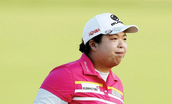 Shanshan Feng of China after her putt on the 18th green during the third round of the US Women’s Open on Saturday at Trump National Golf Club in Bedminster, New Jersey. (AFP)