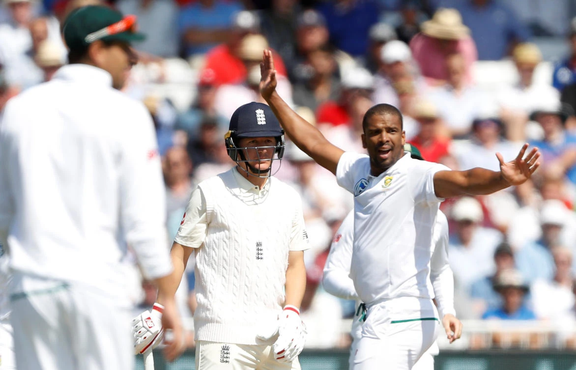 South Africa's Vernon Philander of South Africa celebrates the wicket of England's Gary Ballance Sunday during the England vs. South Africa second Test. (Reuters)