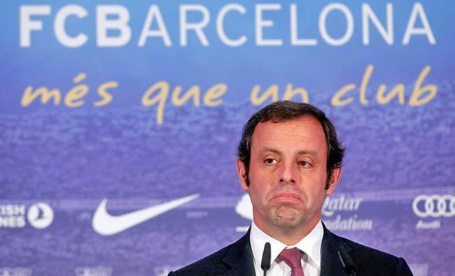 In this photo taken on June 13, 2013, then FC Barcelona president Sandro Rosell reacts during a news conference near Camp Nou stadium in Barcelona, Spain. Rosell is being accused by Spanish authorities of having accepted bribes to help Qatar win votes to host the 2022 World Cup. (Reuters file photo)