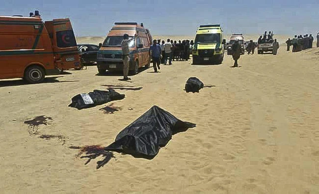 This image taken on May 26, 2017 shows the bodies of victims killed by terrorists in a bus in Minya, Egypt, one of the latest in a series of terror attacks in Cairo and its environs. On Tuesday, Cairo police said they have killed two leaders of the Hasam militia in a shootout after intercepting them as they relocated to a new hideout in the capital’s outskirts. (AP file photo)
