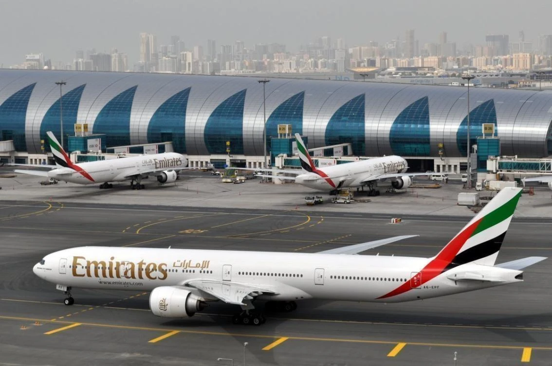 An Emirates plane taxis to a gate at Dubai International Airport in Dubai, United Arab Emirates. (AP)