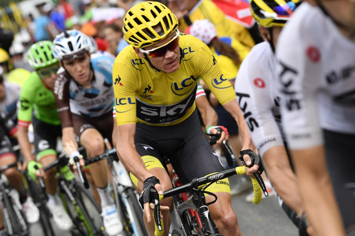 Britain’s Chris Froome, center, is followed by stage winner France’s Romain Bardet, and Colombia’s Rigoberto Uran, as they climb during the twelfth stage of the Tour de France cycling race over 214.5 kilometers (133.3 miles) with start in Pau and finish in Peyragudes, France, Thursday, July 13, 2017. (AP)