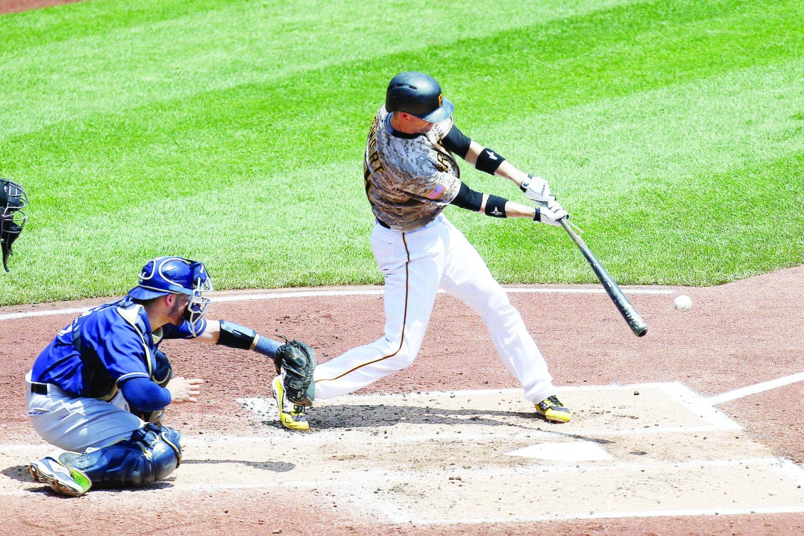 Chris Stewart of the Pittsburgh Pirates hits an RBI single in the second inning against the Milwaukee Brewers at PNC Park in Pittsburgh, Pennsylvania, on Thursday. (AFP)