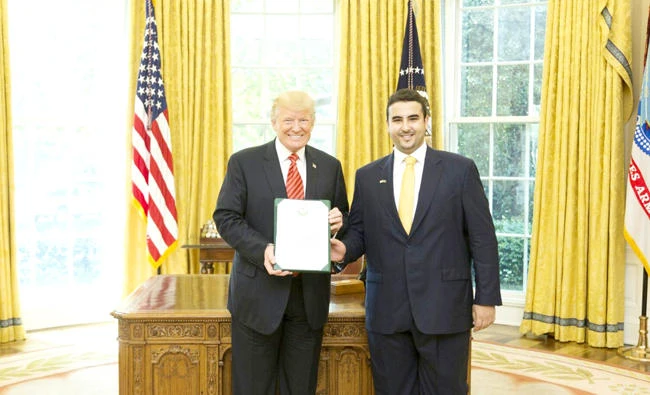 Saudi Ambassador Prince Khaled bin Salman presents his credentials to US President Donald Trump at the White House in Washington on Friday. (SPA)