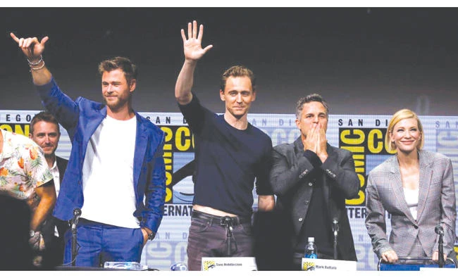 Cast member from left, Chris Hemsworth, Tom Hiddleston, Mark Ruffalo and Cate Blanchett at a panel for “Thor: Ragnarok” during the 2017 Comic-Con International Convention in San Diego, California. (Reuters)