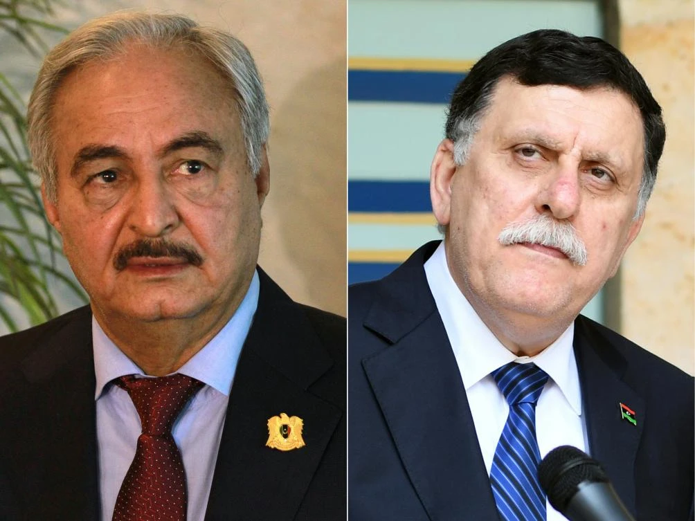 (COMBO) This combination of pictures created on July 24, 2017 shows self-styled Libyan National Army's chief Khalifa Haftar (L) during a press conference in Amman on August 24, 2015 and Libya's UN-backed Prime Minister Fayez al-Sarraj during a press conference in the Tunisian capital Tunis on April 7, 2017. Sarraj and Haftar will hold talks near Paris on July 25, the French presidency said. (AFP)