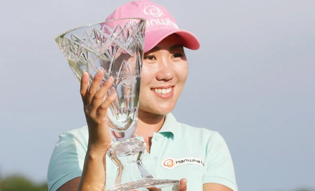 In-Kyung Kim holds the trophy after winning the Marathon Classic golf tournament at Highland Meadows Golf Club in Sylvania, Ohio on Sunday. (AP)