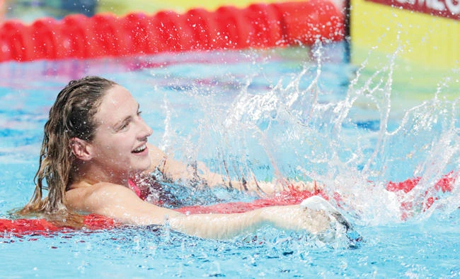 Hungary’s Katinka Hosszu celebrates after winning the gold medal in the women’s 200-meter indiviudal medley final during the swimming competitions of the World Aquatics Championships in Budapest, Hungary, Monday. (AP)