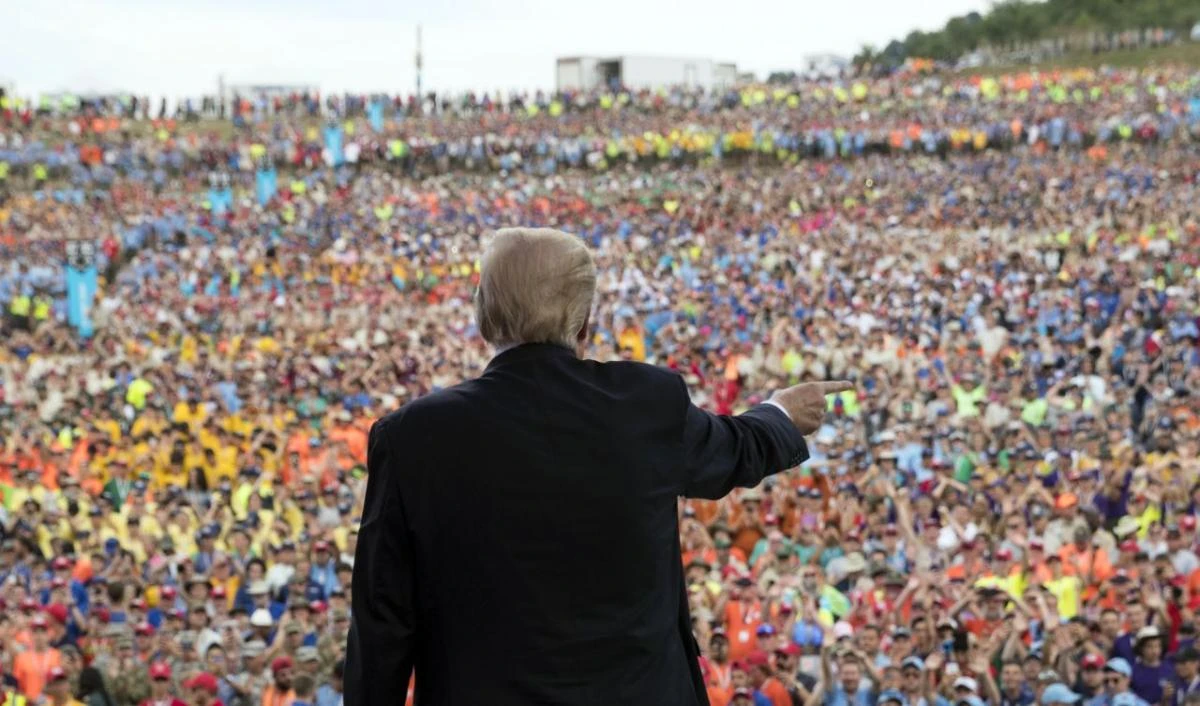 President Donald Trump gestures to the crowd after speaking at the 2017 National Scout Jamboree in Glen Jean, W.Va., Monday, July 24, 2017. (AP)