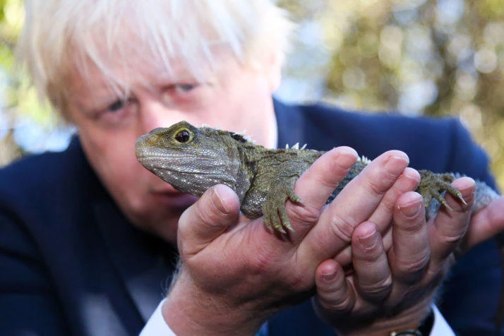 Britain's Foreign Secretary Boris Johnson holds a tuatara lizard during his visit to the Zealandia wildlife santuary in Wellington on July 25, 2017. (AFP)