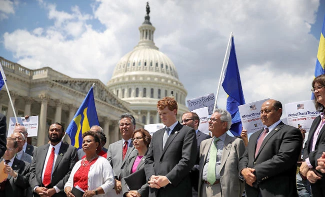 US Rep. Joe Kennedy (C) and other House members during a press conference condemning the new ban on transgendered service members on Wednesday in Washington DC. (Justin Sullivan/Getty Images/AFP)