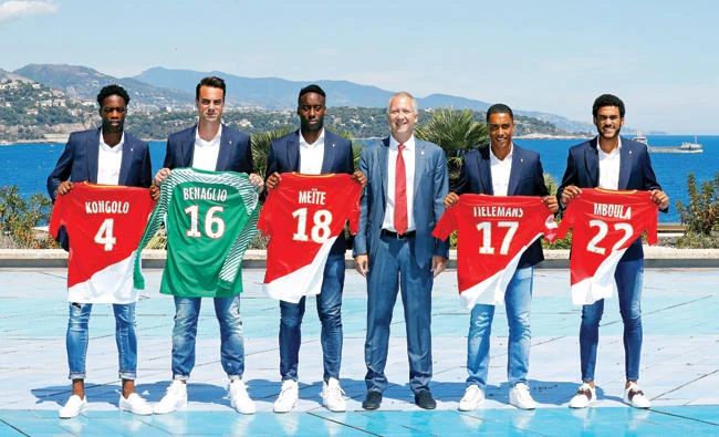 Monaco’s new recruits, from left, Terence Kongolo, Diego Benaglio, Soualiho Meite, Youri Tielemans and Jordi Mboula with Monaco Vice President Vadim Vasilyev during presentation on Wednesday. (Reuters)