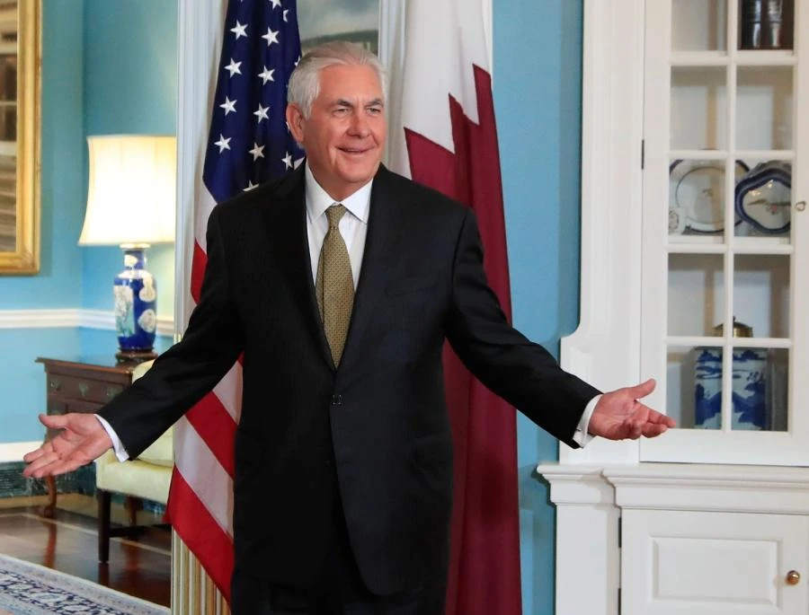 Secretary of State Rex Tillerson gestures as he responds to a reporter's question during a meeting with Qatar's Foreign Minister Sheikh Mohammed bin Abdulrahman Al Thani at the State Department in Washington, Wednesday, July 26, 2017. (AP)