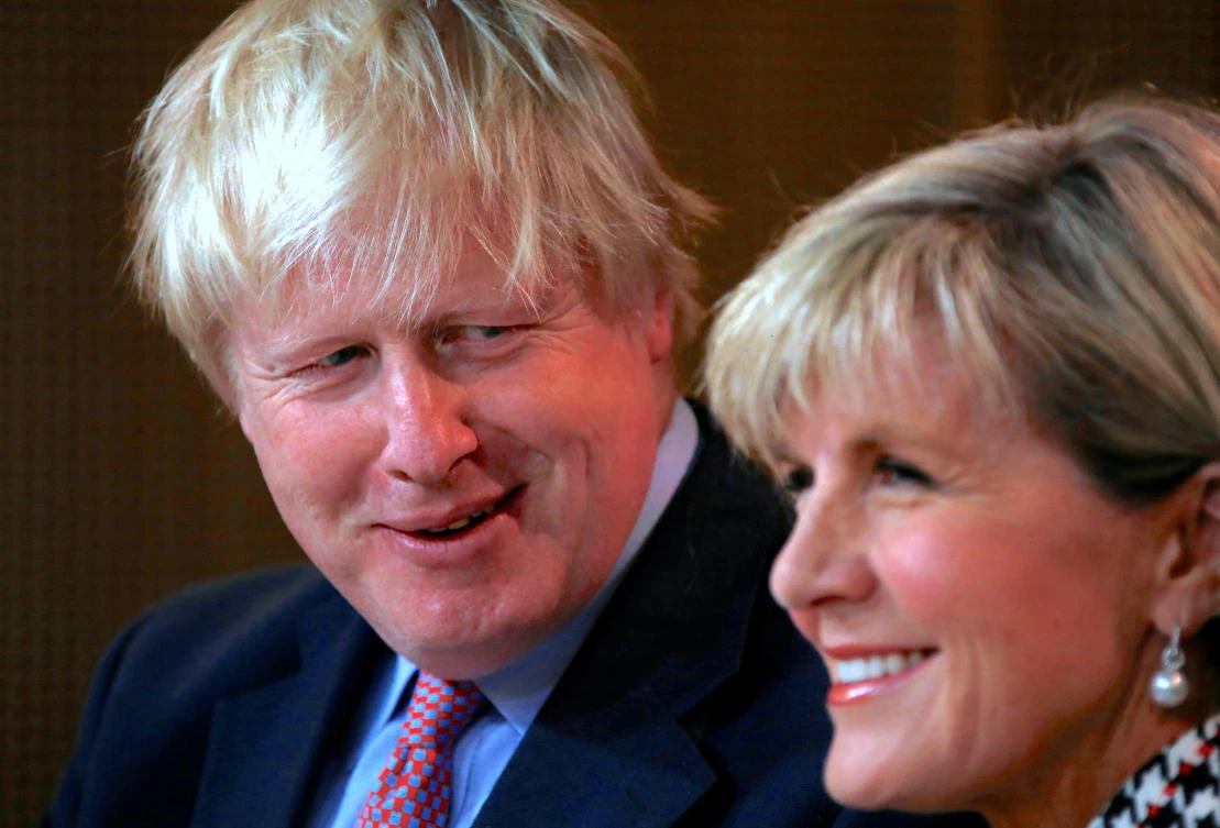 British Foreign Secretary Boris Johnson listens to Australian Foreign Minister Julie Bishop speak during a media conference in Sydney, Australia, July 27, 2017. (REUTERS)
