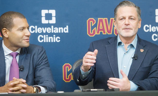 New Cleveland Cavaliers General Manager Koby Altman, left, and Cavaliers Chairman Dan Gilbert answer questions about Cavaliers’ player Kyrie Irving’s demand to be traded during an NBA basketball news conference at the team’s training facility in Independence, Ohio, on Wednesday. (AP)