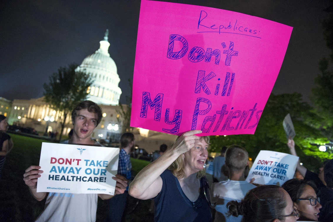 Demonstrators rally outside of the Capitol as the Republican majority in Congress remains stymied by their inability to fulfill their political promise to repeal and replace “Obamacare” because of opposition and wavering within the GOP ranks, on Capitol Hill in Washington, Thursday, July 27, 2017. (AP)