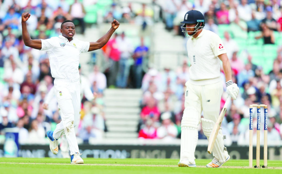 South Africa’s Kagiso Rabada celebrates after taking the wicket of England’s Jonny Bairstow during their third Test match in London on Friday. (AP)