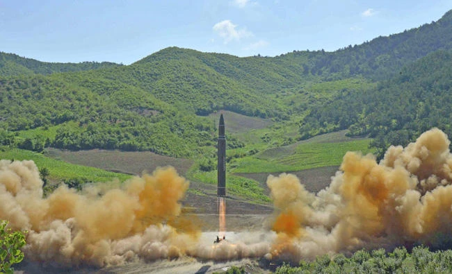 This July 4, 2017 file photo, distributed by the North Korean government, shows what was said to be the launch of a Hwasong-14 intercontinental ballistic missile in North Korea. (Korean Central News Agency/Korea News Service via AP, File)