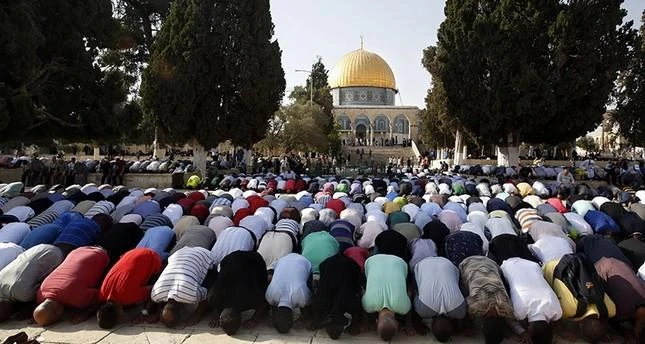 Palestinians pray inside the Al Aqsa Mosque compound in Jerusalem's Old City Thursday, July 27, 2017. (AP)