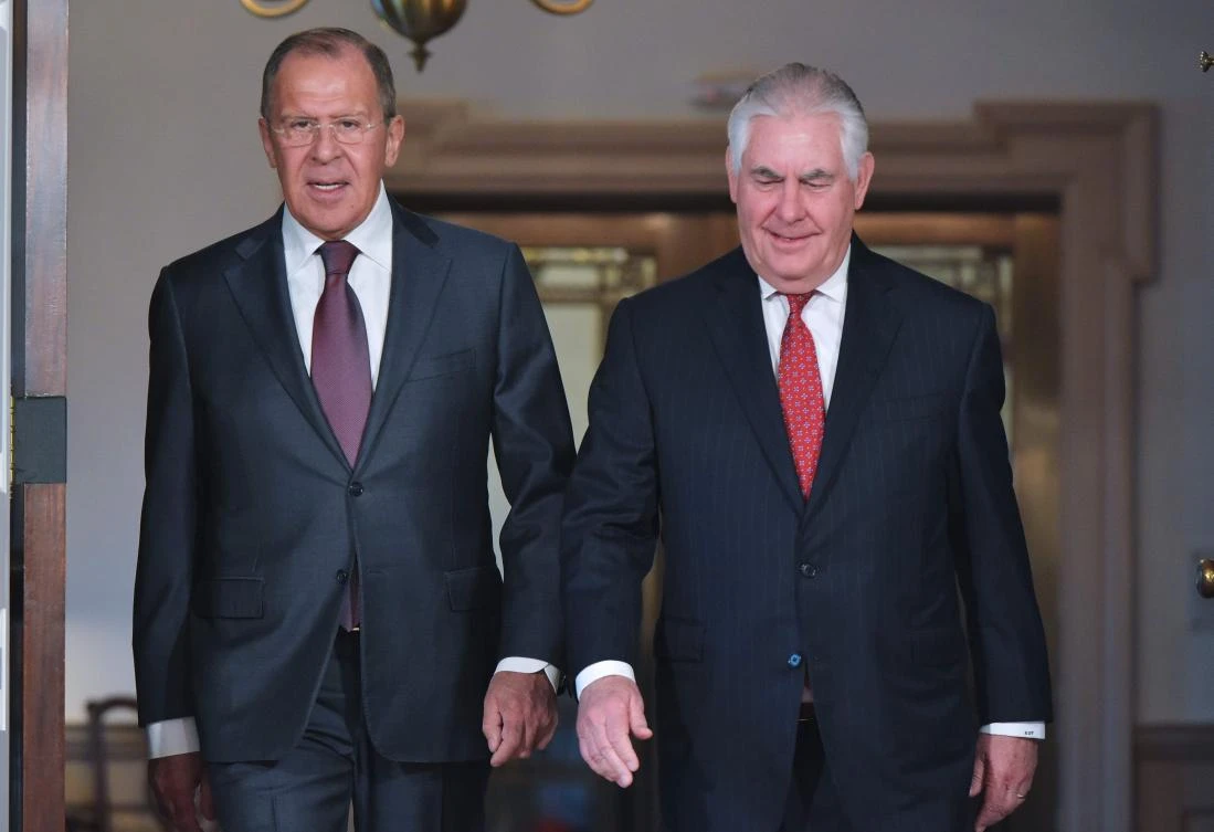 (FILES) This file photo taken on May 10, 2017 shows Russian Foreign Minister Sergei Lavrov (L) and US Secretary of State Rex Tillerson (R) arriving for photos in the Treaty Room of the State Department in Washington, DC. Russian Foreign Minister Sergei Lavrov told US counterpart Rex Tillerson on July 28, 2017 that Moscow remained ready to work with Washington despite striking back at new sanctions being readied approved by Congress. "Lavrov confirmed that our country is still ready to normalise bilateral relations with the US and to cooperate on the most important international issues," Russia's foreign ministry said after a phone call between the two top diplomats. (AFP)