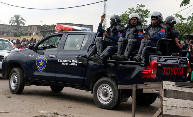 Congolese police patrol outside the main prison in Kinshasa, Congo, in this May 17, 2017 photo. (AP)