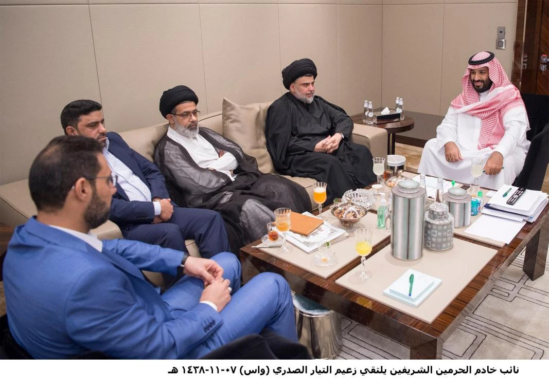 Saudi Crown Prince Mohammed bin Salman (right) meets with Iraq's Moqtada Al-Sadr (2nd rightr) and his delegation in Jeddah on Sunday. (SPA)