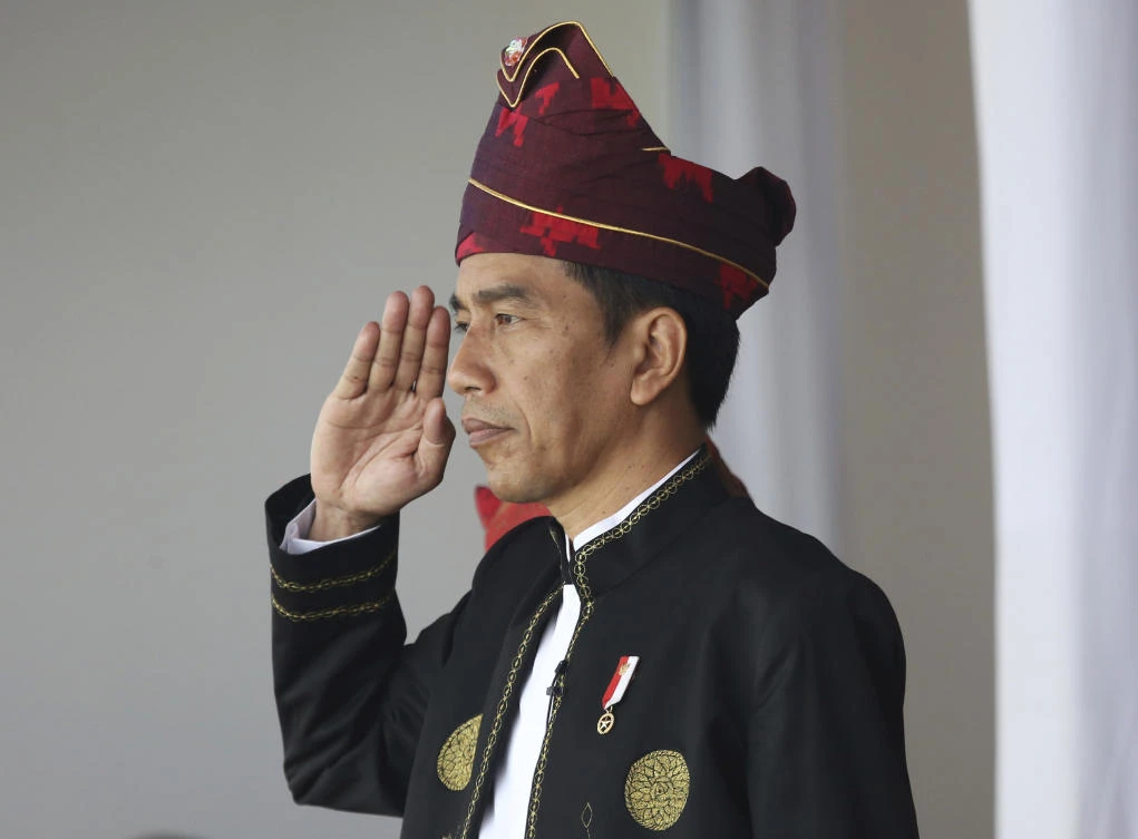 Indonesia's President Joko Widodo salutes during a flag hoisting ceremony marking the 72nd anniversary of the country's Independence on Thursday, Aug. 17, 2017, at Merdeka Palace in Jakarta, Indonesia. Indonesia declared its independence from Dutch colonial rule in 1945. (AP Photo/Dita Alangkara)