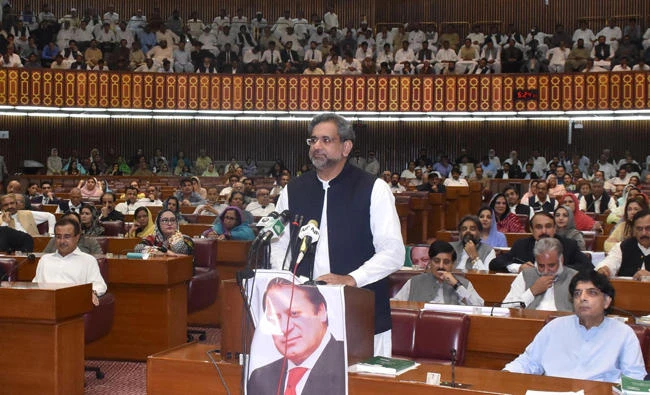 In this handout photograph released by Pakistan's Press Information Department (PID) on August 1, 2017, newly elected Prime Minister Shahid Khaqan Abbasi (C) speaks at the Parliament House in Islamabad. (AFP)