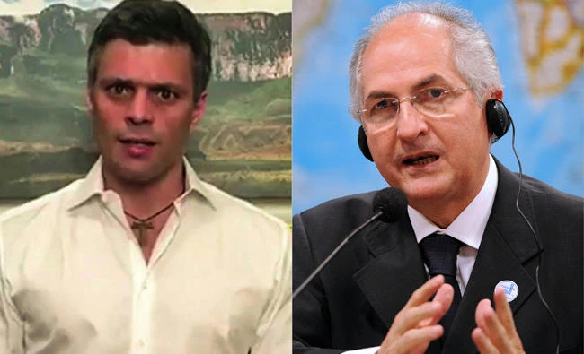 This combination of pictures created on Tuesday shows Venezuelan opposition leader Leopoldo Lopez (L) giving a message from his house in Caracas, and a file photo showing Caracas Mayor Antonio Ledezma speaking during a session of the Brazilian Senate's Foreign Affairs commission in Brasilia. (AFP)