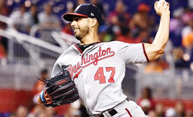 Gio Gonzalez of the Washington Nationals pitches in the first inning during the game between the Miami Marlins and the Washington Nationals at Marlins Park on Monday. (AFP)