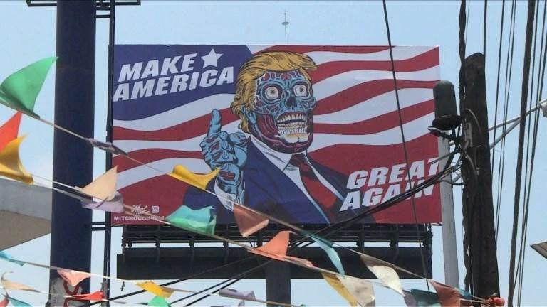 After receiving denial after denial from cities around the United States to his requests to install a billboard with President Donald Trump depicted as a character from the 1988 horror film "They Live," pop artist Mitch O'Connell got the go-ahead to install it on a main avenue in Mexico City, where it can be seen by millions of drivers every day. (AFP)